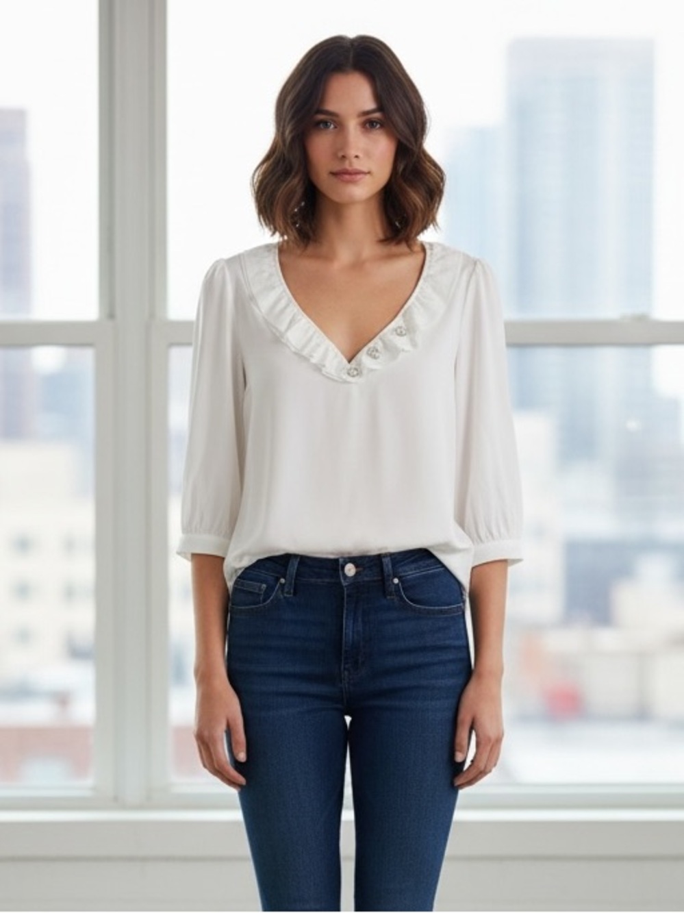 Kate Spade White Long Sleeve Jewel Button